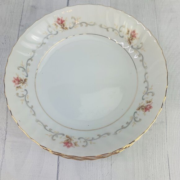 MCM Harmony House ROSEMONT Pink Roses Gray Swirl Gold Coupe Soup Bowls Set 4 - Picture 2 of 11